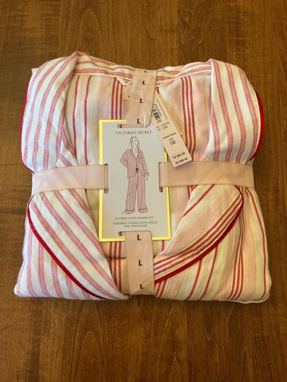Victoria's Secret Pink, Red, white Striped Flannel Pajama Set large/long. NWT